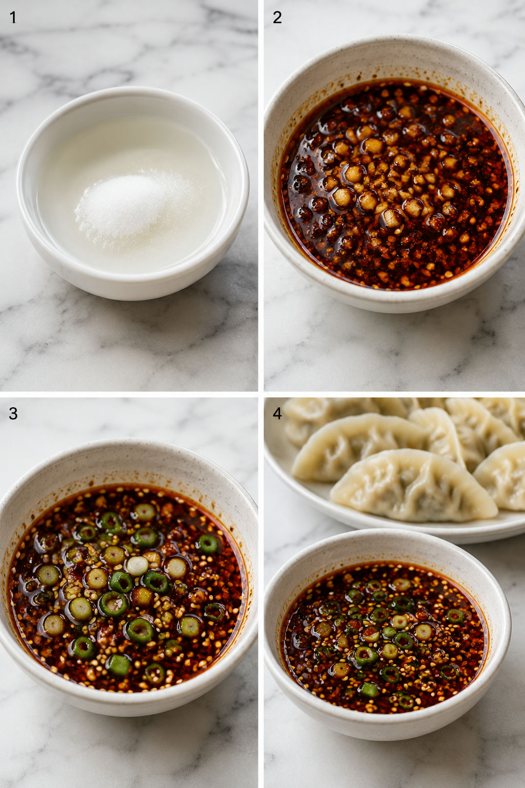 Four steps for mixing spicy dumpling sauce with scallions and sesame