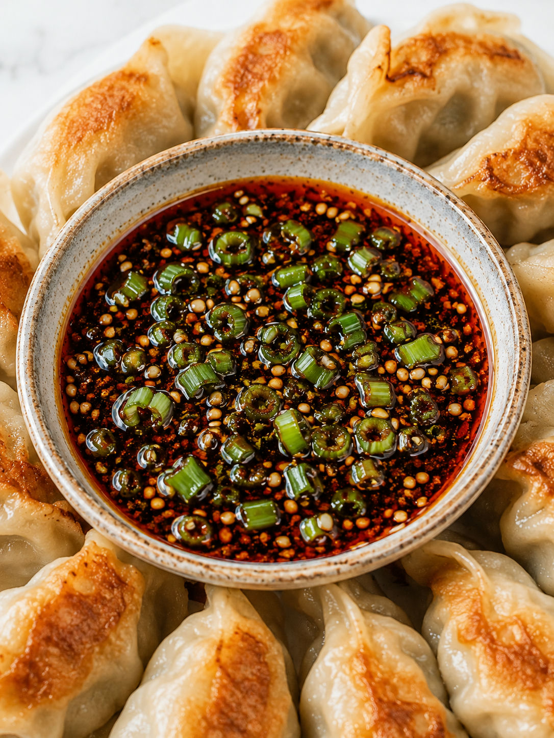 Glossy spicy dumpling sauce with sesame and scallions beside crisp dumplings