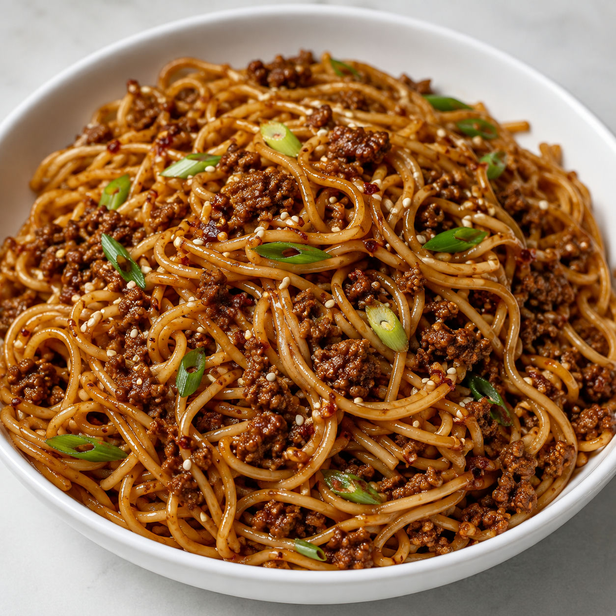 Spicy garlic beef noodles with scallions and sesame in a white bowl