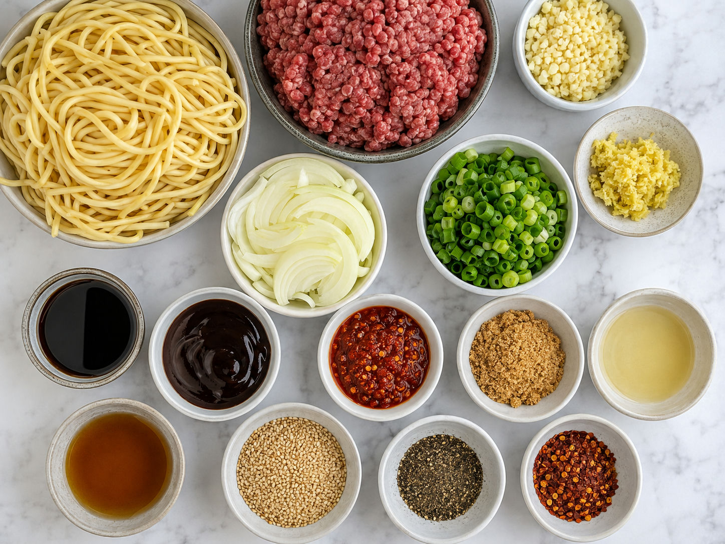 Ingredients for spicy garlic beef noodles with beef, noodles, garlic, sauces, and scallions