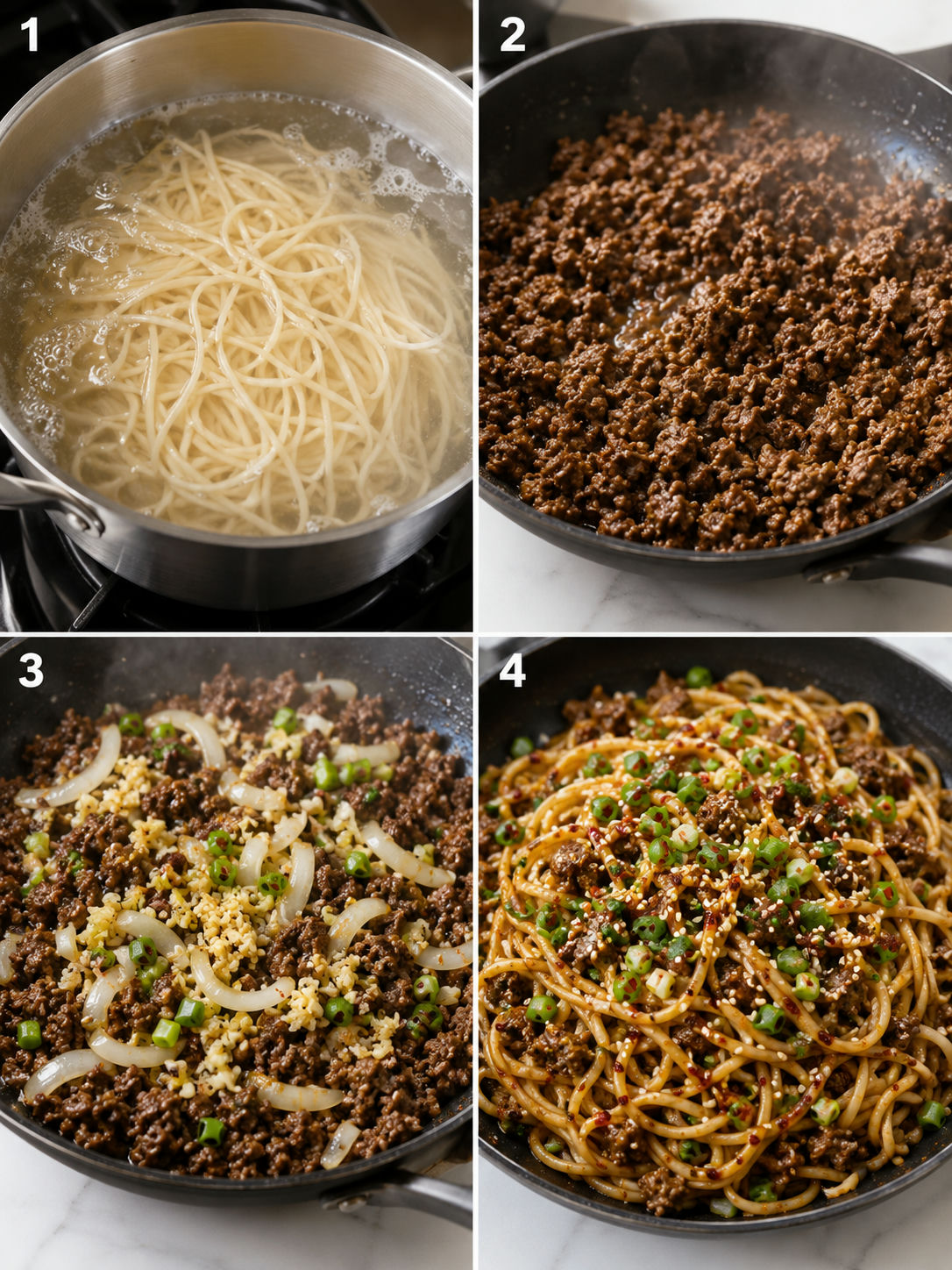 Four cooking steps for spicy garlic beef noodles from boiling noodles to tossing sauce