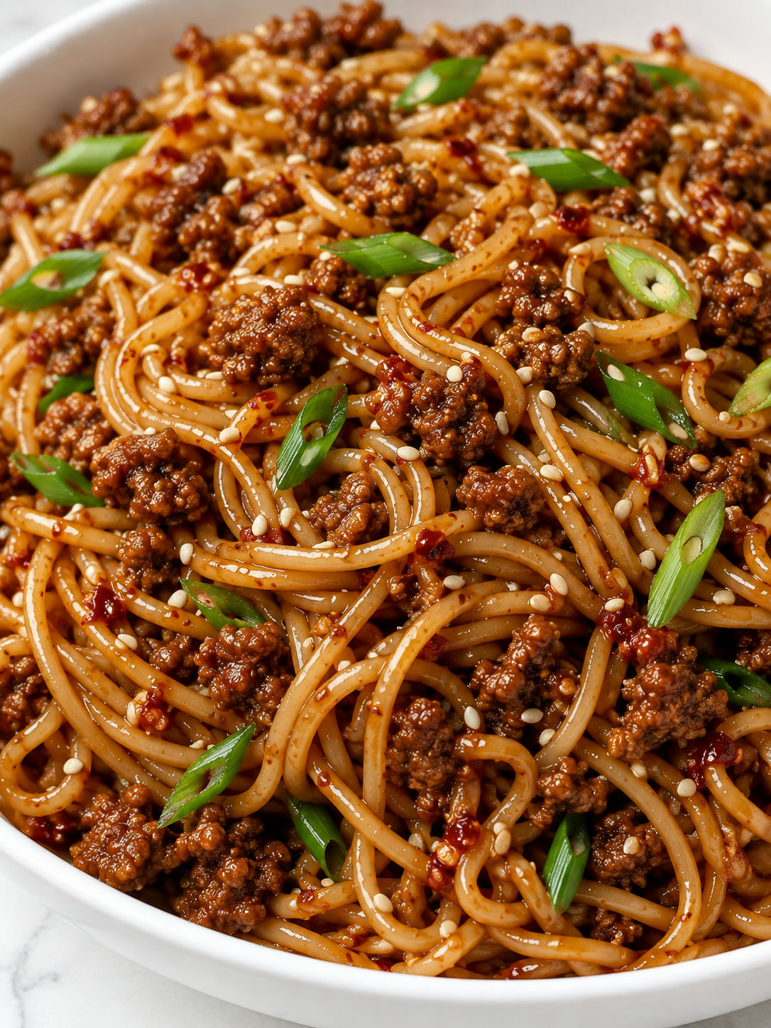 Glossy spicy garlic beef noodles with browned beef, scallions, sesame, and chili flecks