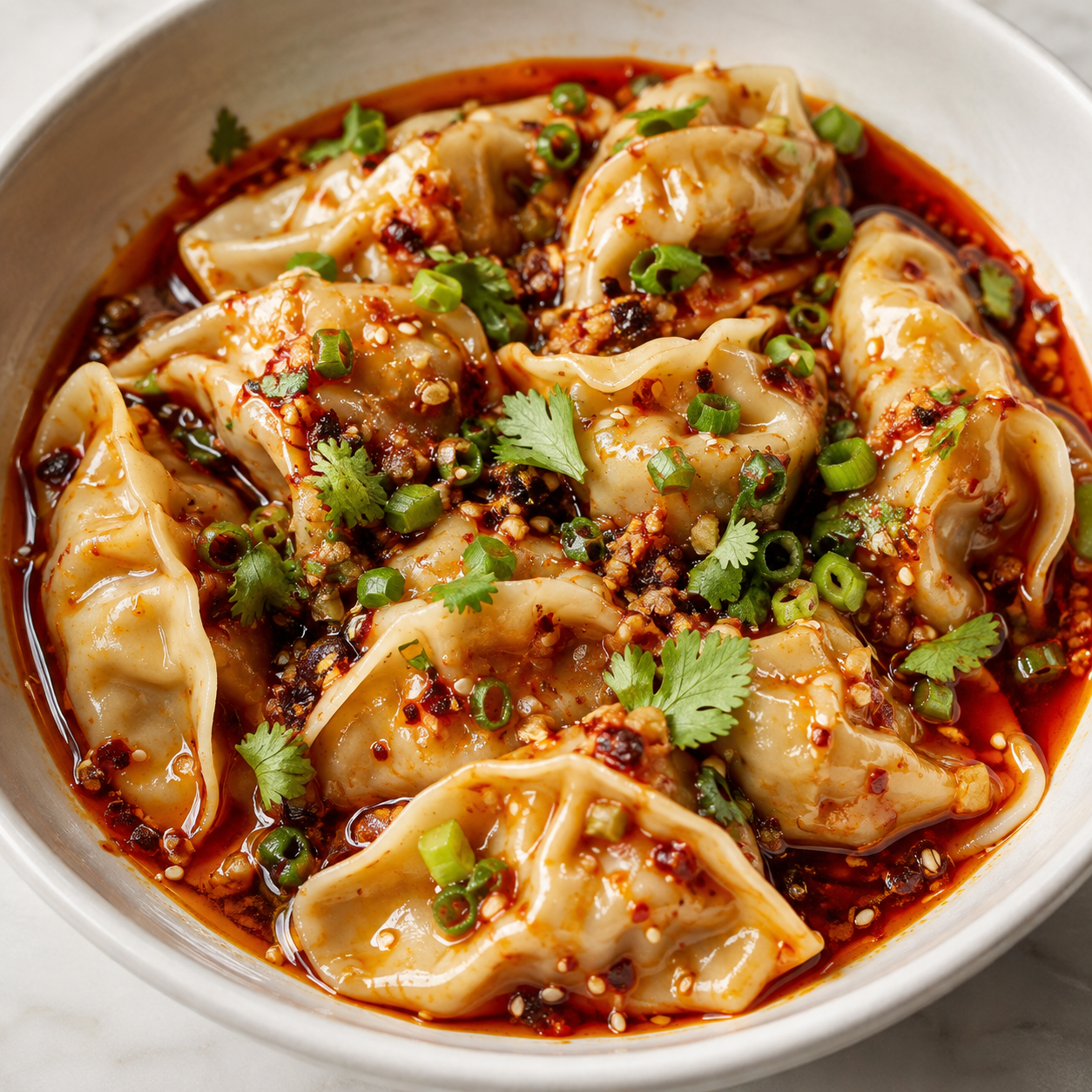 Spicy garlic chili oil dumplings with sesame seeds and green onions