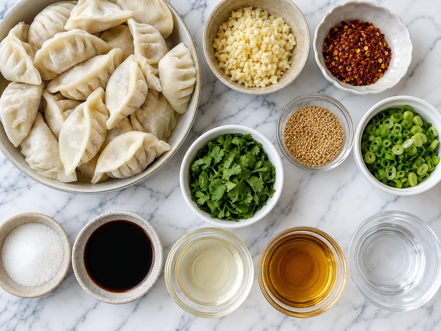 Ingredients for spicy garlic chili oil dumplings on a wooden surface