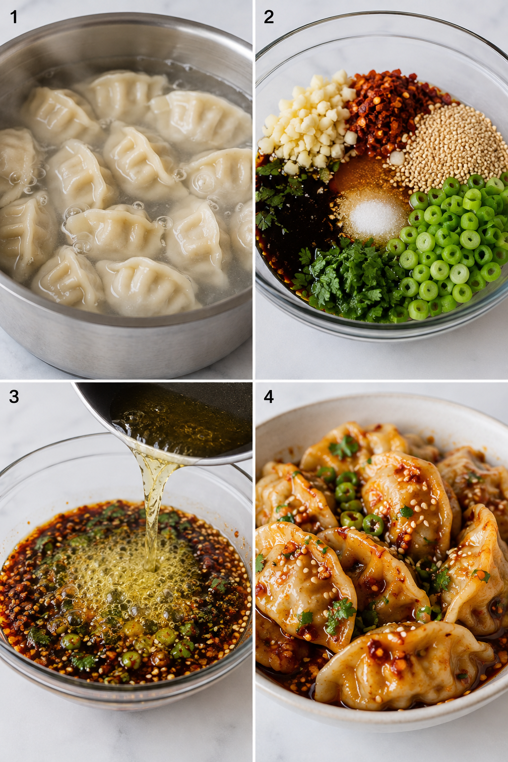 Four cooking steps for spicy garlic chili oil dumplings
