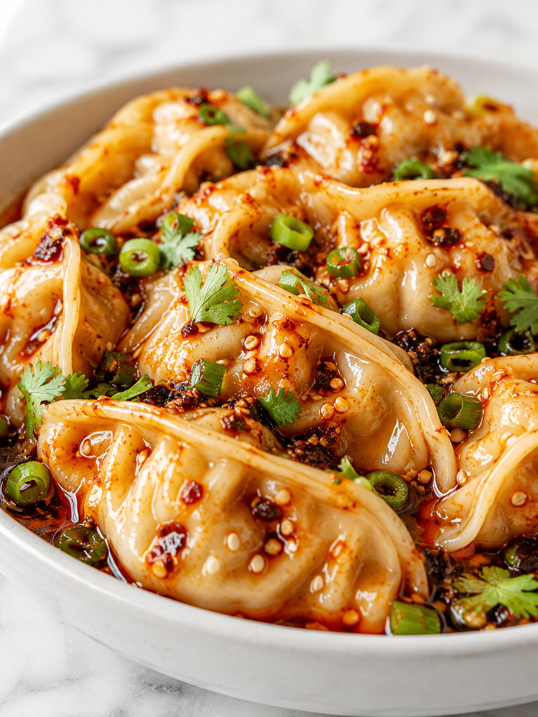 Saucy spicy garlic chili oil dumplings with scallions and sesame seeds