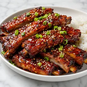 Sticky spicy honey garlic ribs with sesame seeds and green onions