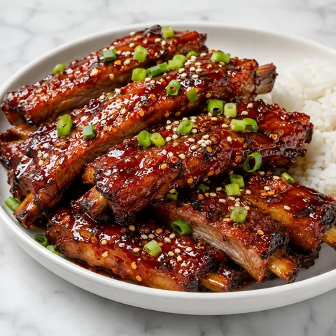Sticky spicy honey garlic ribs with sesame seeds and green onions
