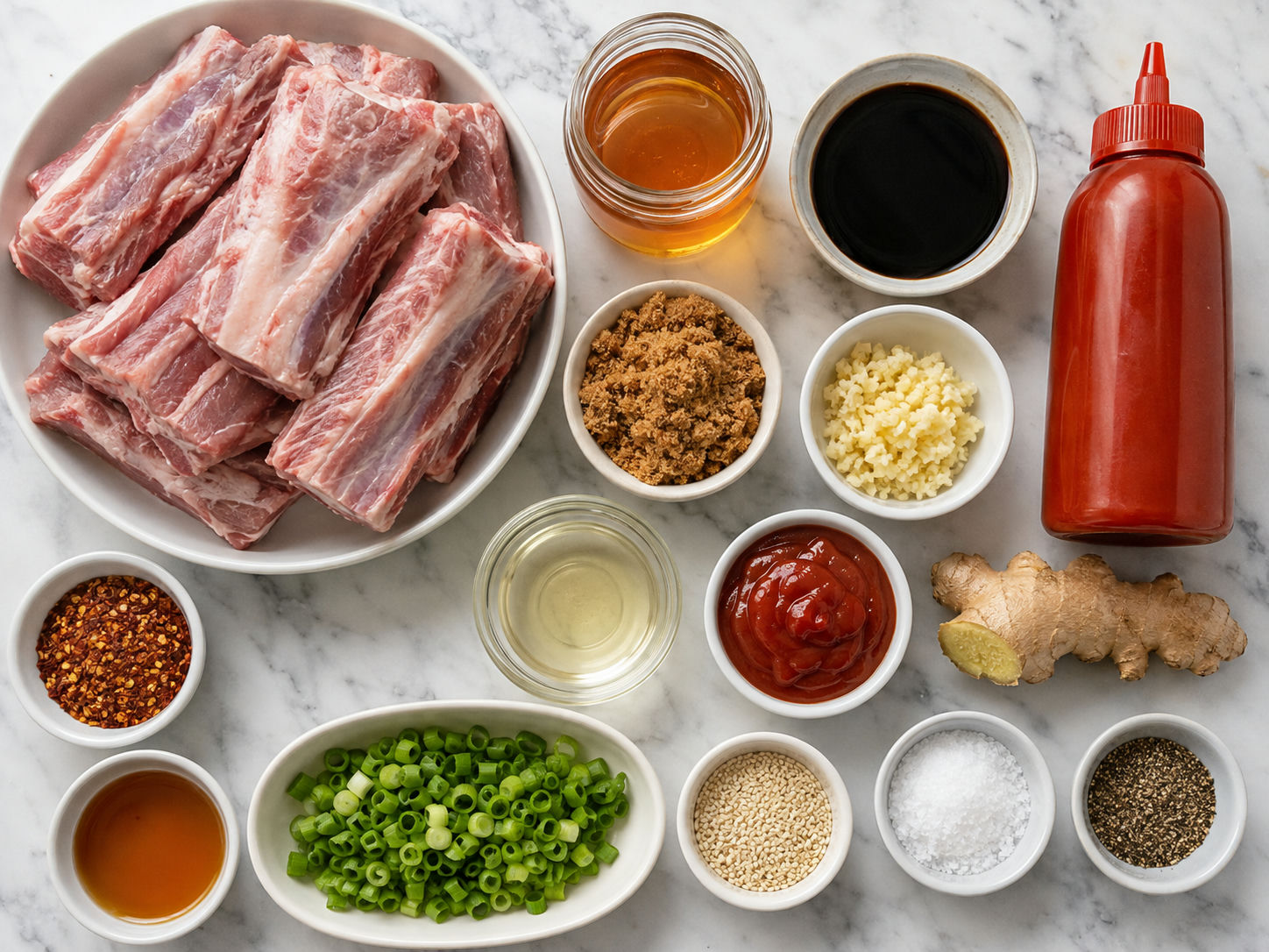 Raw pork ribs with honey, garlic, chili sauce, soy sauce, and garnishes