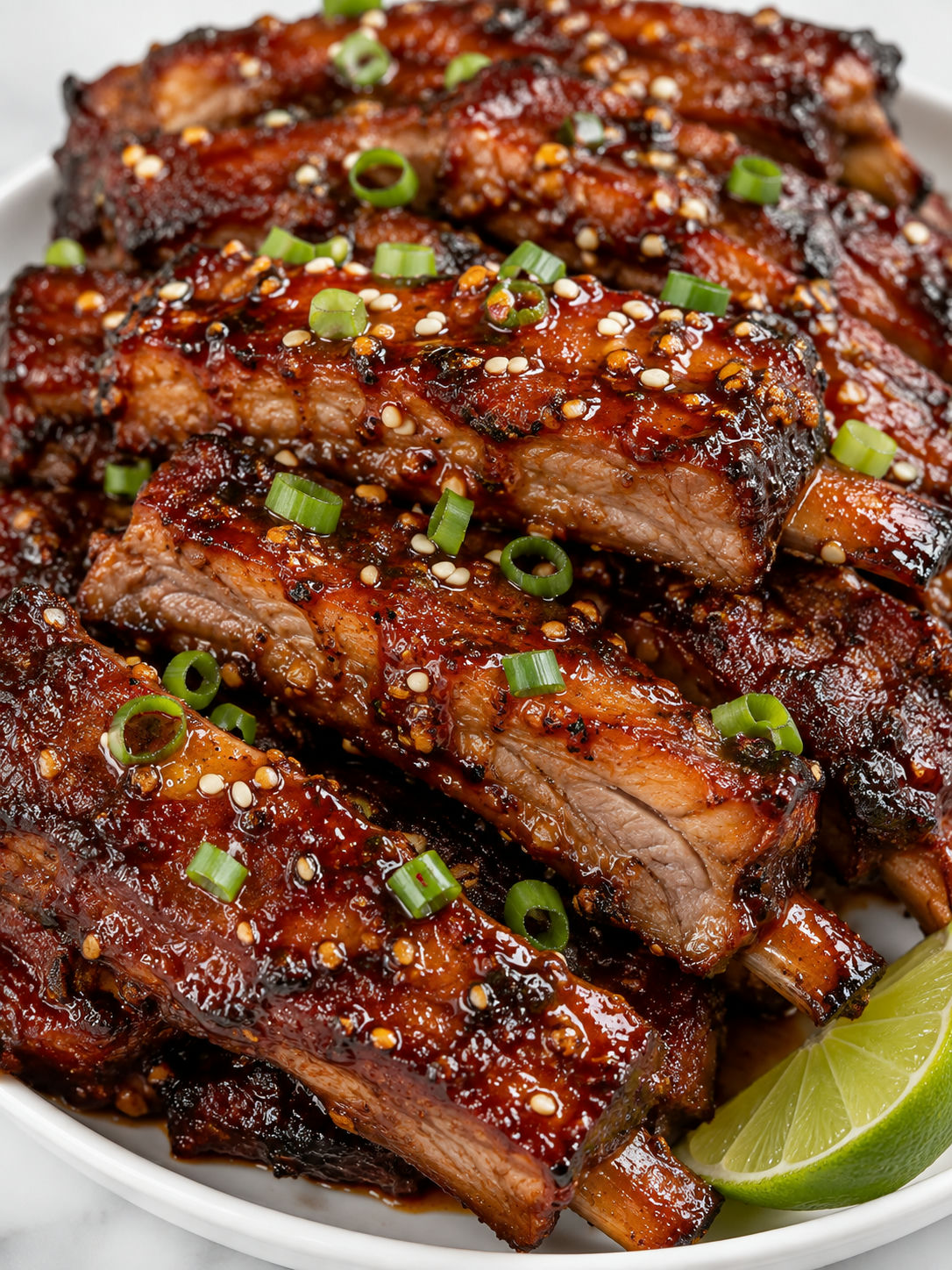 Sticky spicy honey garlic ribs filling the frame with scallions and sesame