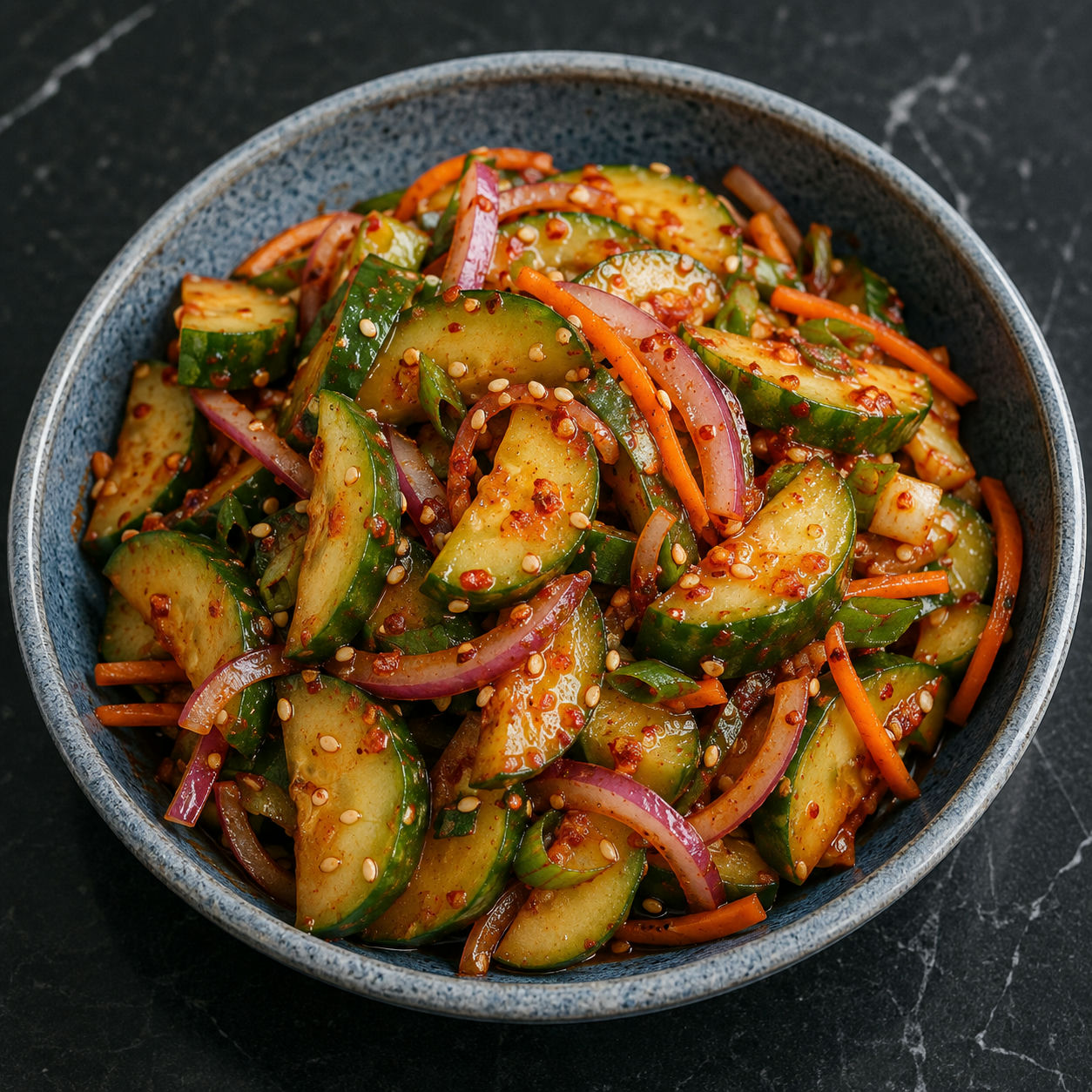 Spicy Korean cucumber salad with sesame seeds in a ceramic bowl