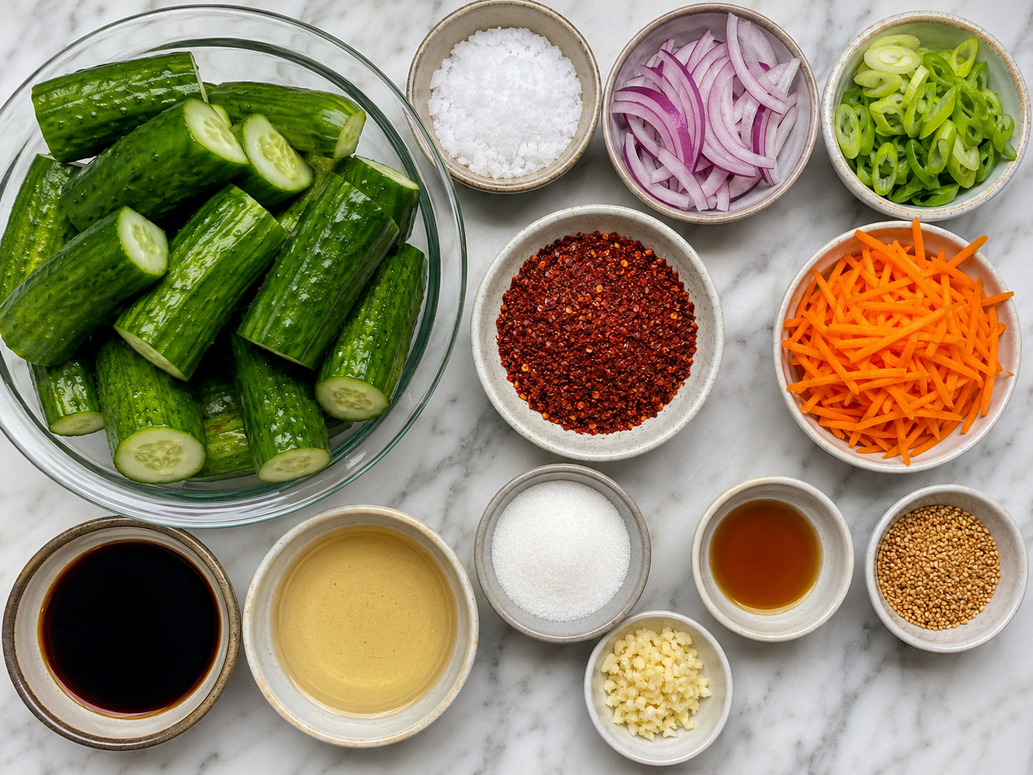 Cucumbers, gochugaru, sesame oil, garlic, and scallions for oi muchim