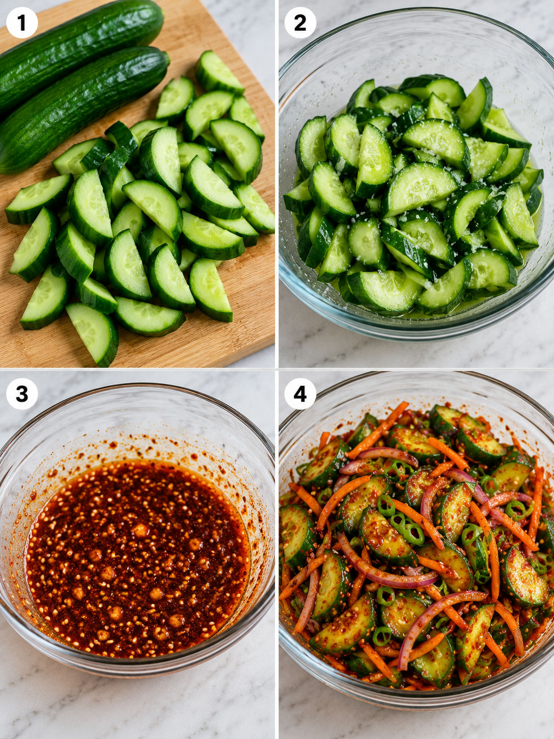 Four steps for making spicy Korean cucumber salad
