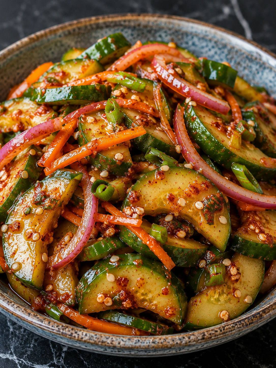 Spicy Korean cucumber salad with gochugaru and sesame seeds