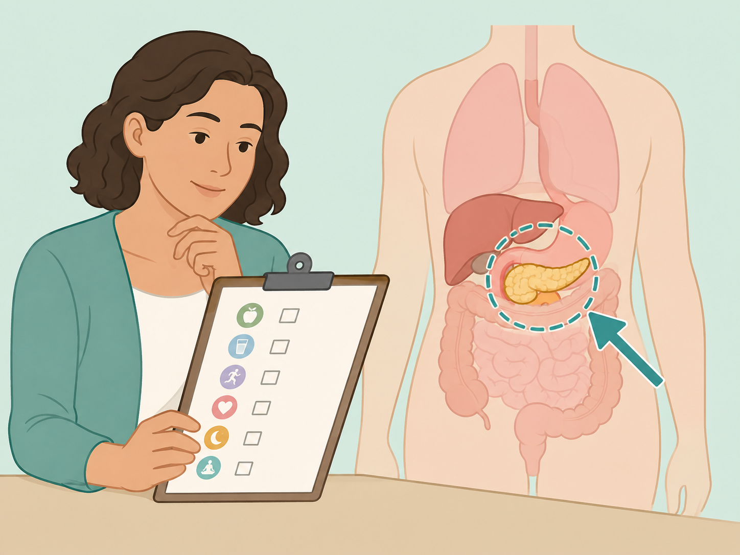 Person reviewing possible pancreatic warning signs with the abdomen area highlighted.
