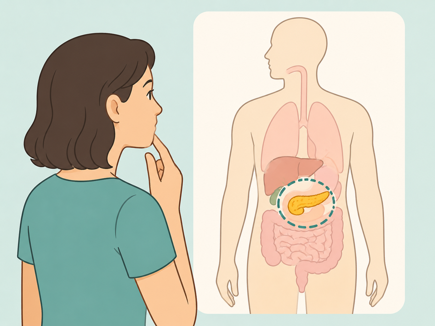 Person learning where the pancreas is and what it affects.