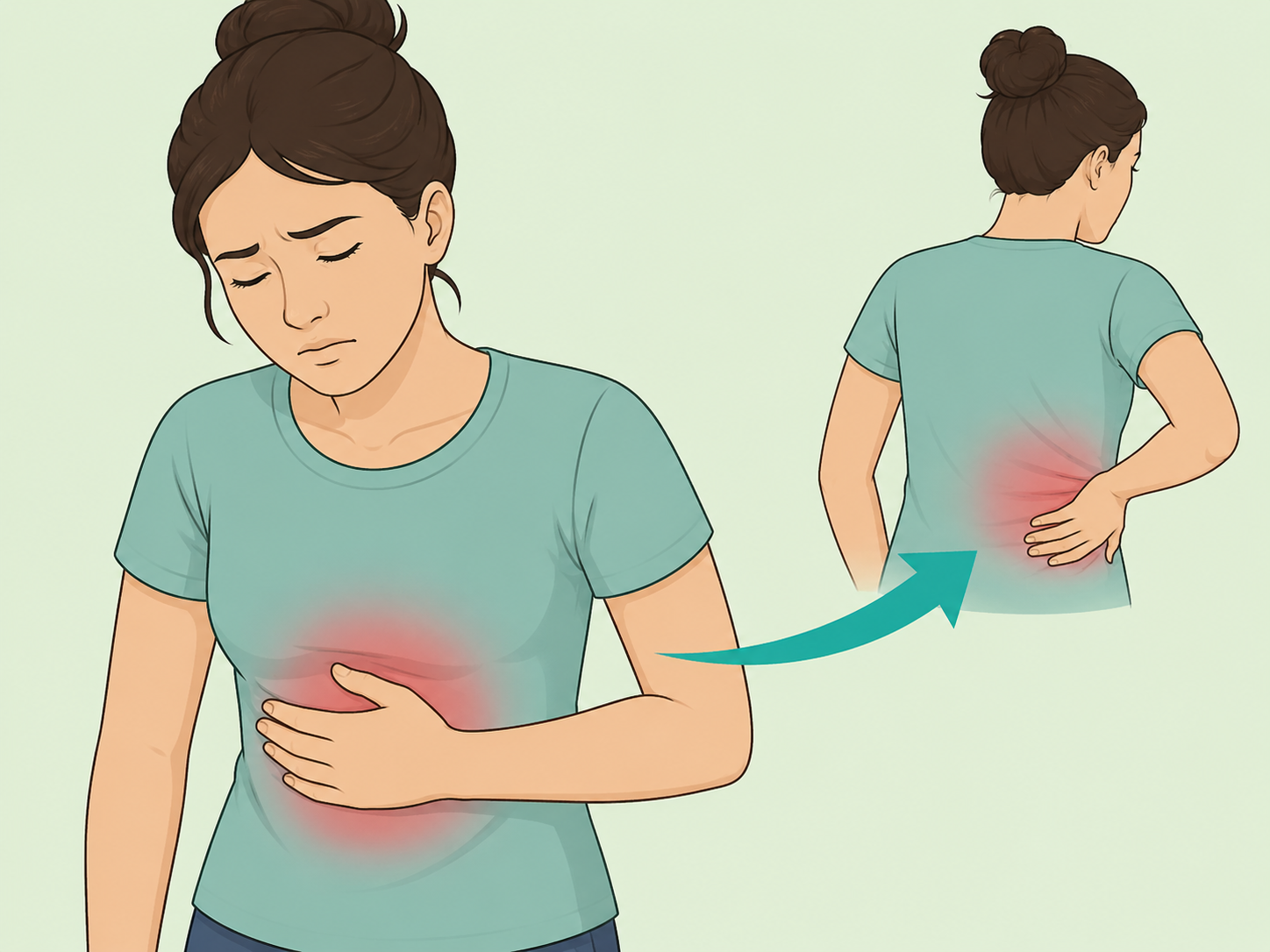 Upper belly pain spreading toward the back.