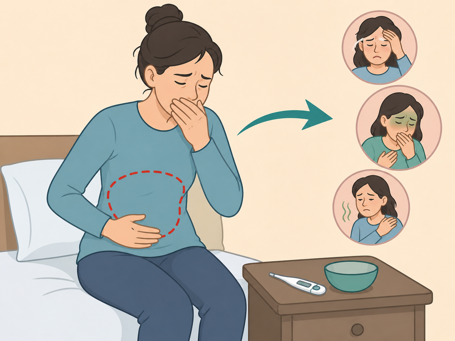 Person noticing nausea, fever, and upper abdominal discomfort.