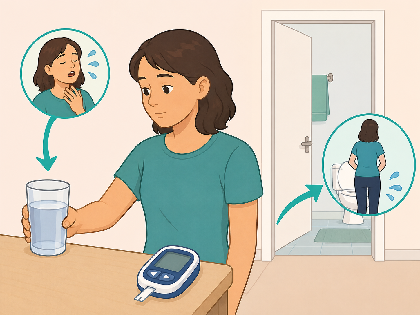 Person tracking thirst, urination, fatigue, and blood sugar symptoms.