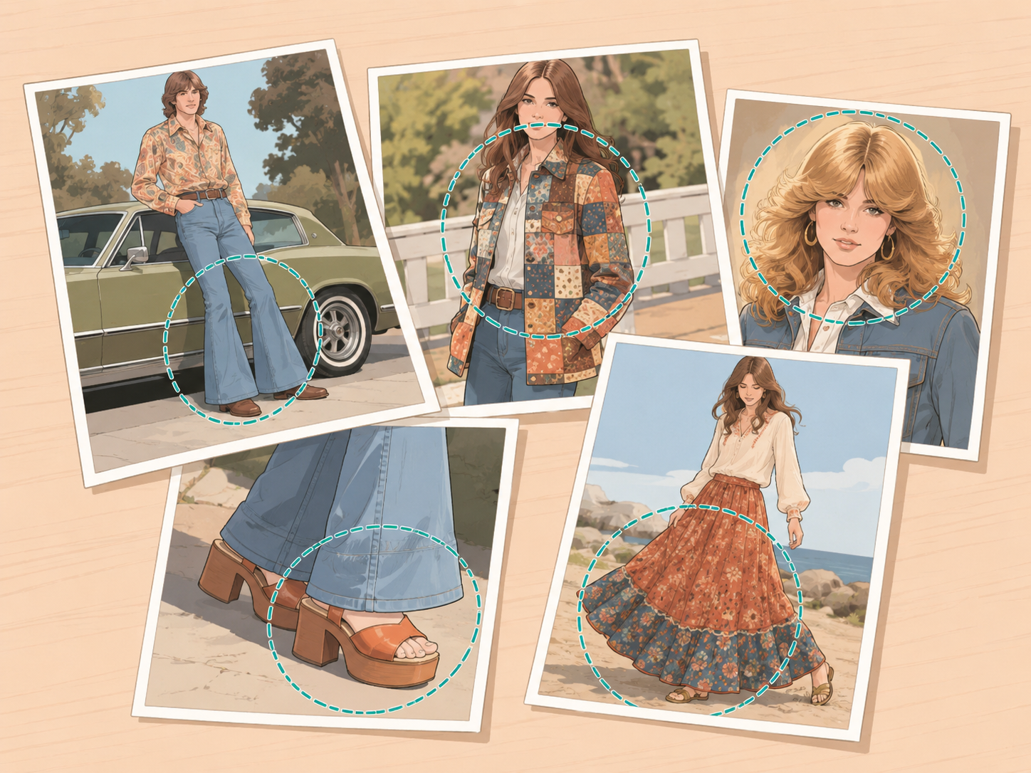 Illustration of old 1970s-style photos with highlighted fashion details.
