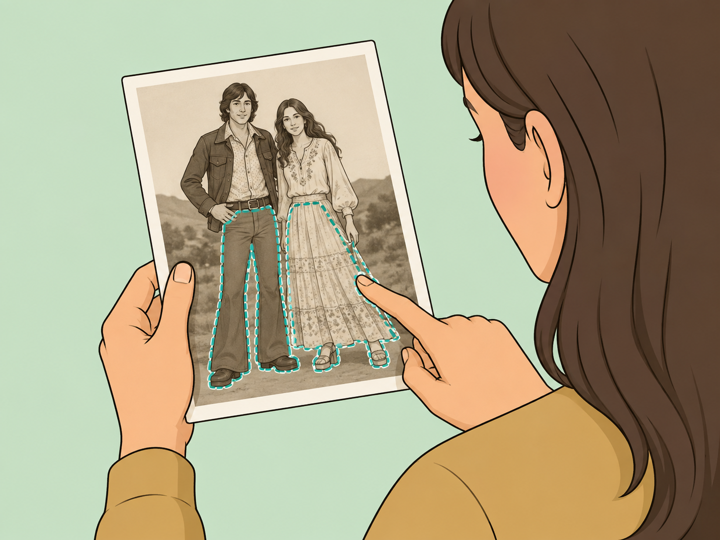 Person checking the overall silhouette in an old photo.