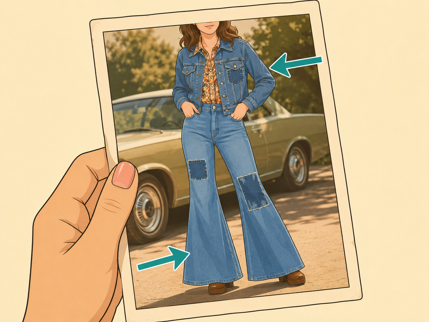 Flared denim jeans and patched denim details highlighted in an old photo.