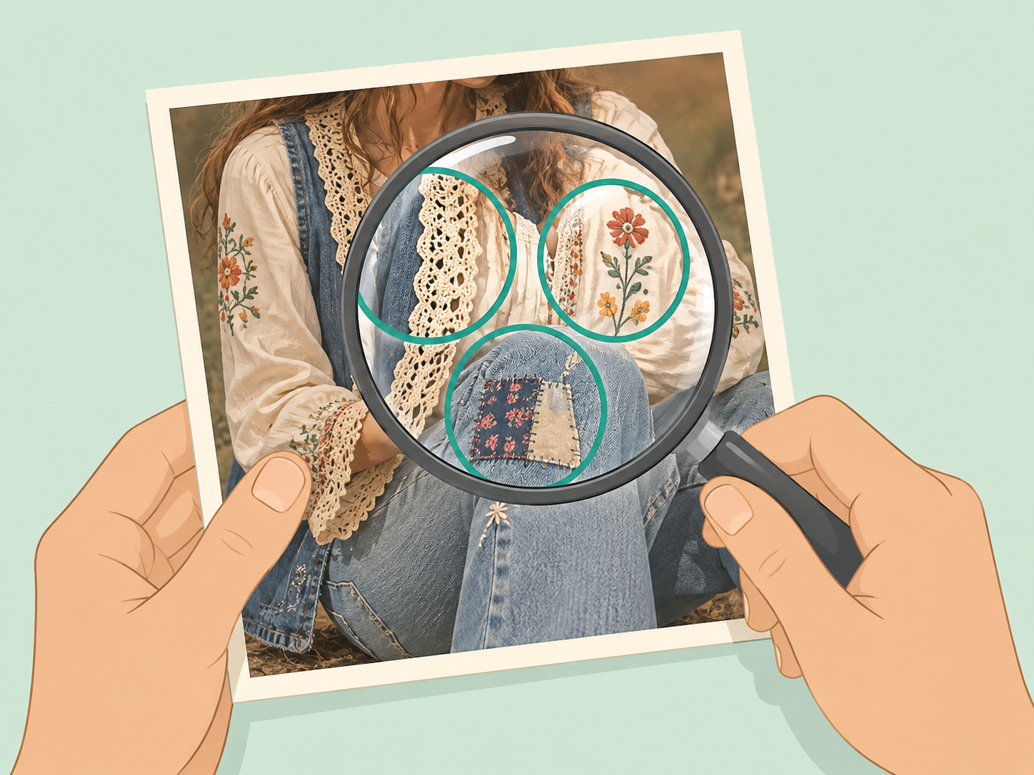 Hands inspecting handmade patchwork and embroidery details in a photo.