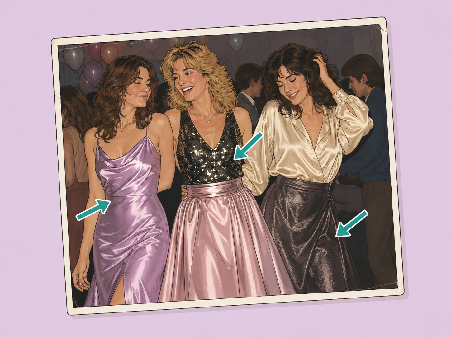 Disco-style shiny fabrics highlighted in an old party photo.