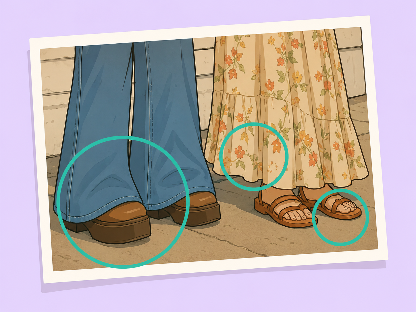 Shoes and hemlines checked together as 1970s photo clues.