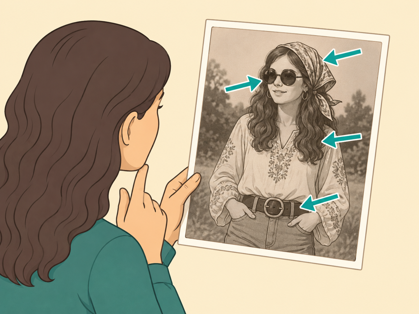 Hair and accessories used as supporting clues in an old photo.