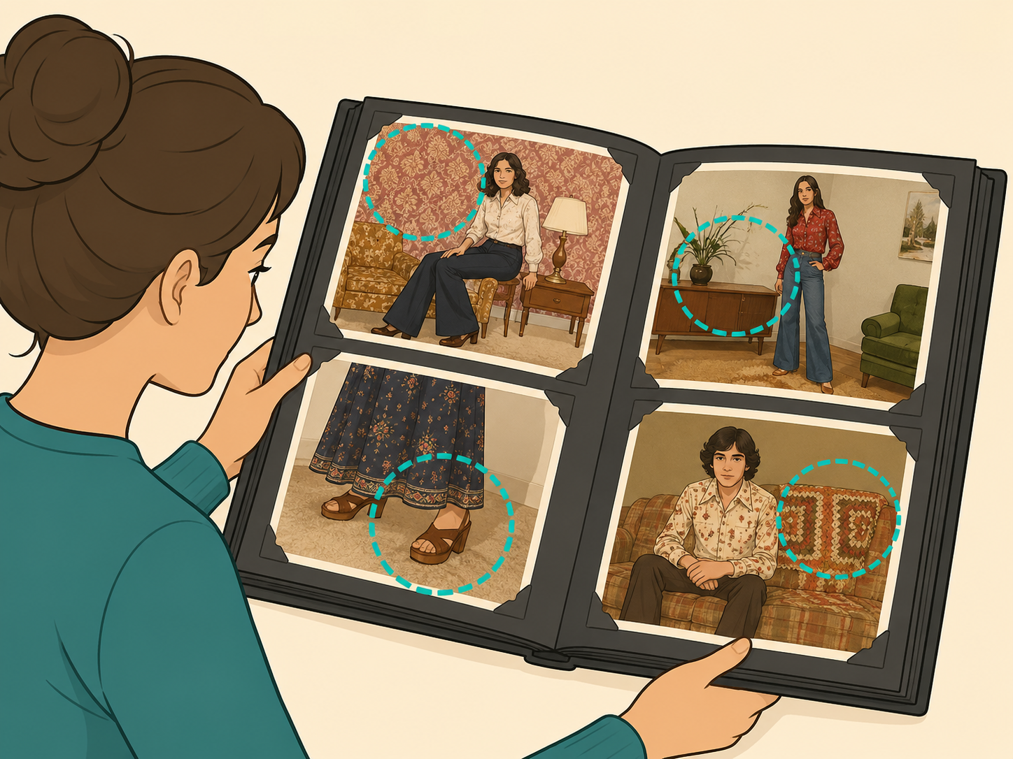 Photo album context clues such as furniture and clothing being compared.