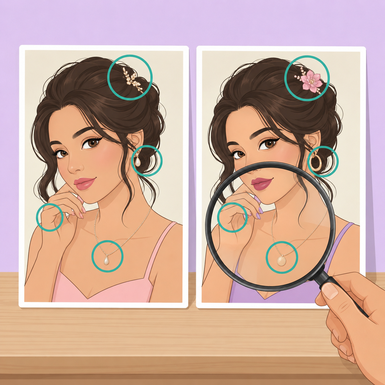 Illustration of a beauty-themed spot-the-difference puzzle being checked with a magnifying glass.