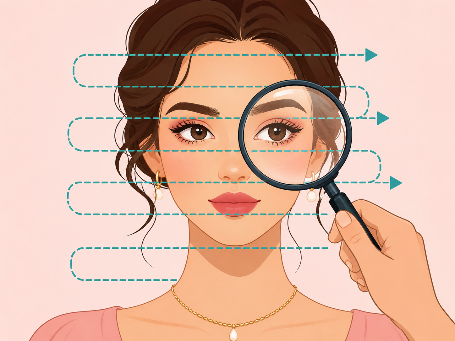A magnifying glass scanning a beauty puzzle in a fixed order.