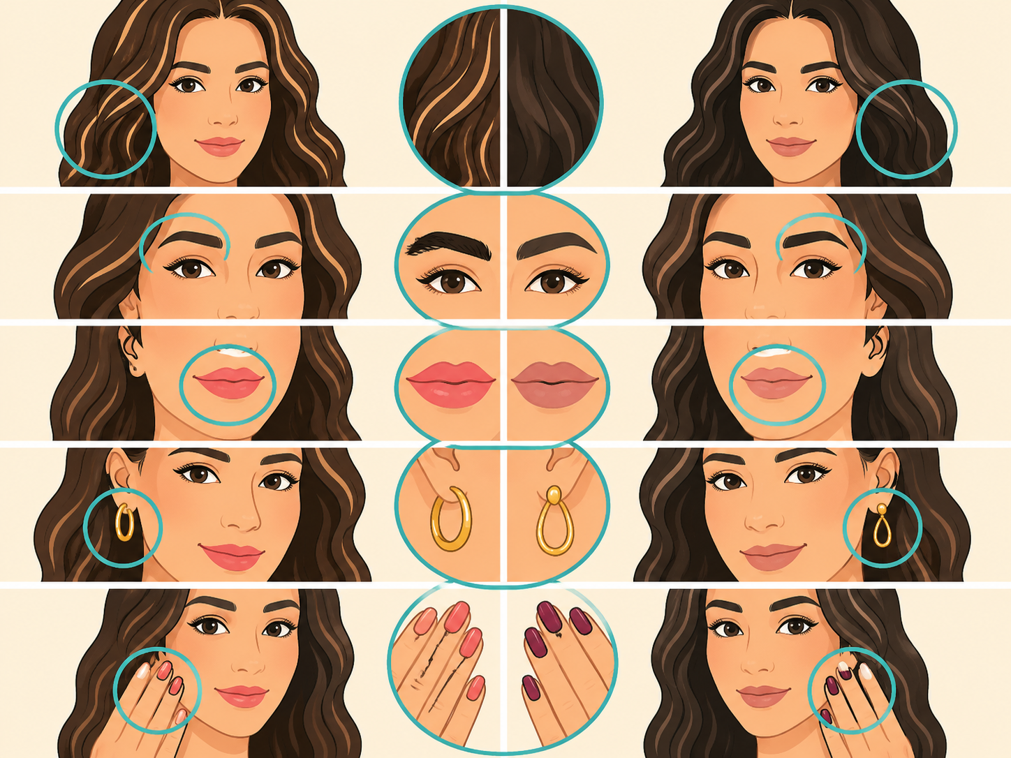 Beauty features compared one at a time in a spot-the-difference puzzle.