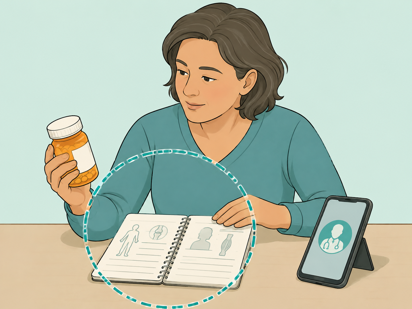 Illustration of a person reviewing atorvastatin, symptom notes, and a phone for medical advice.