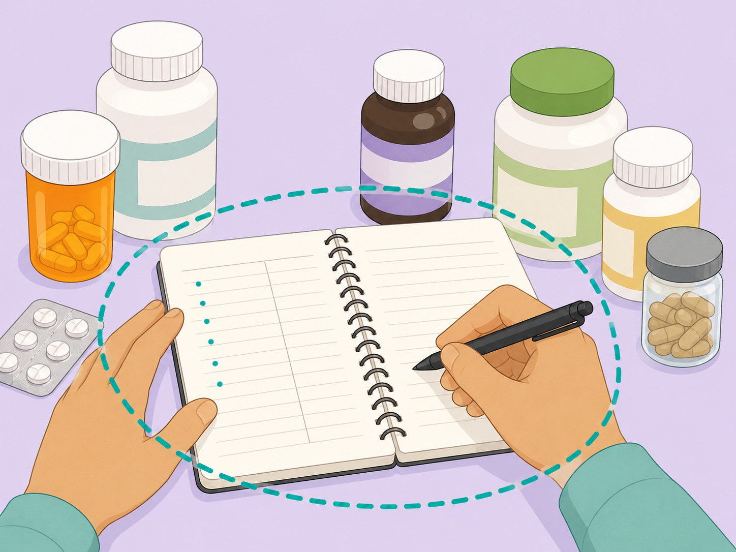 Hands making a symptom and medicine list.
