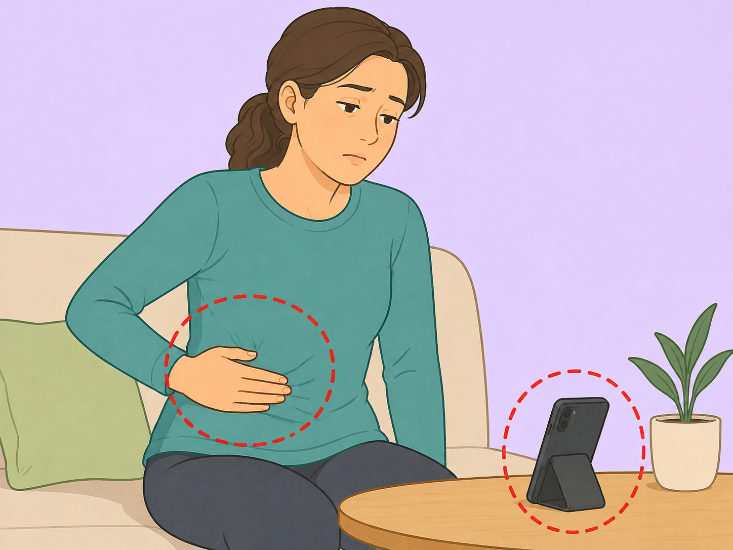Person noticing possible liver warning signs and preparing to call a doctor.