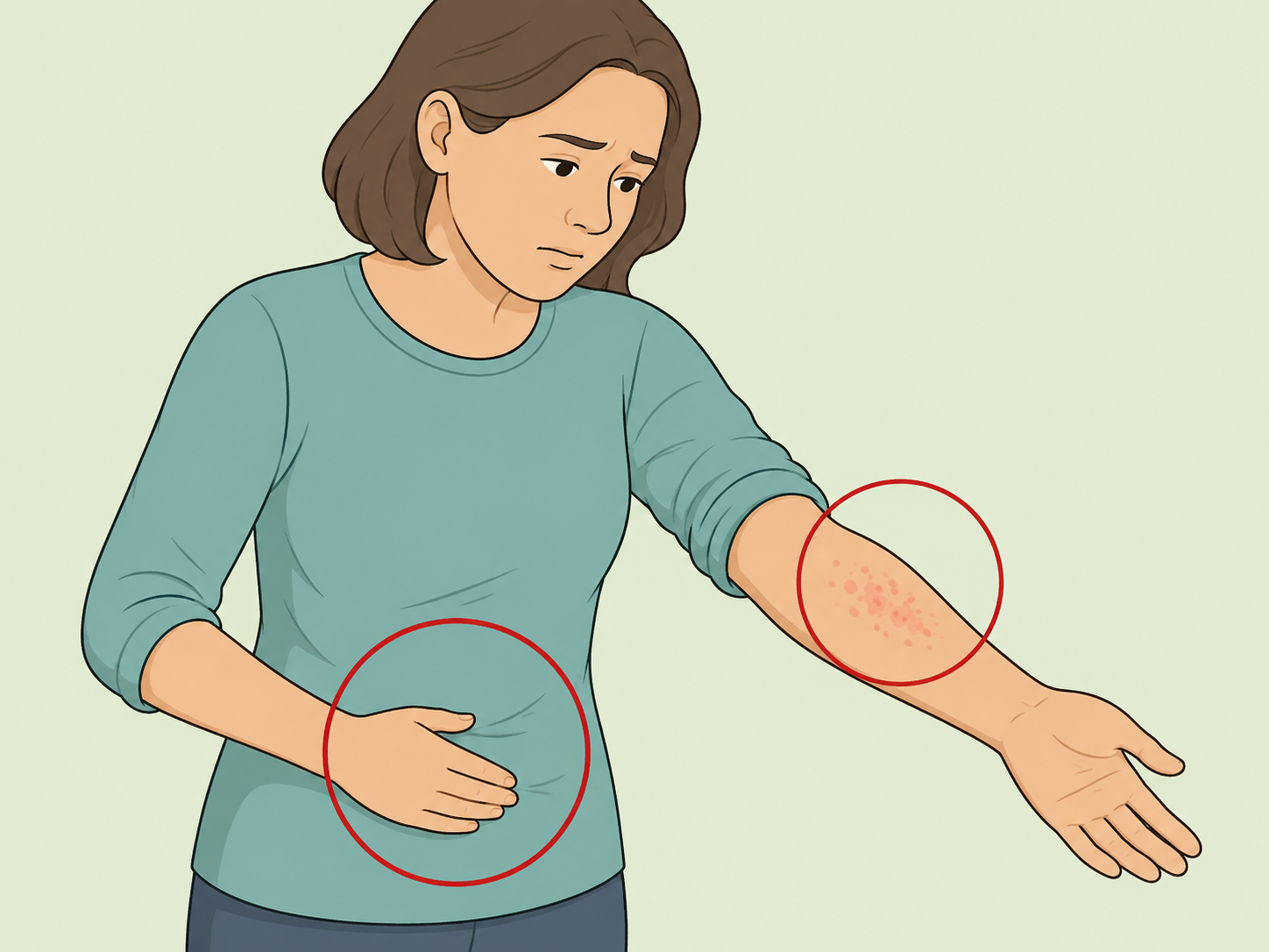 Person noticing stomach discomfort and a skin symptom.