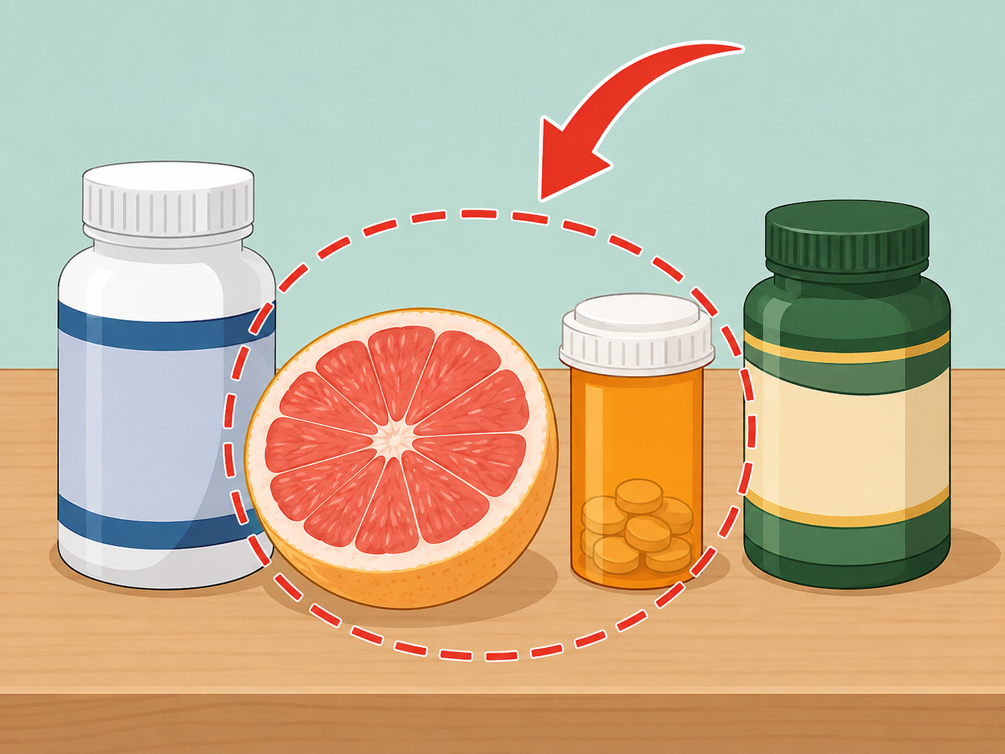 Atorvastatin shown near grapefruit and other medicines as an interaction reminder.