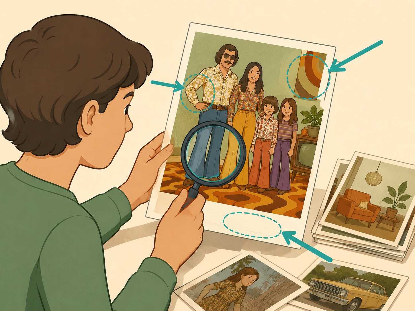 Person examining a vintage 1970s photo for clothing, setting, and caption clues.