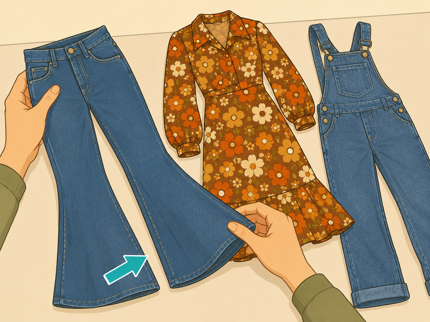 Hands checking 1970s clothing shapes and fabric details.