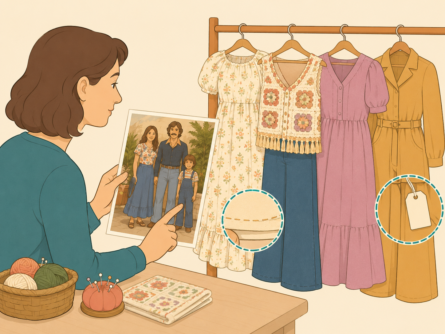Person comparing everyday 1970s clothing with handmade and store-bought pieces.