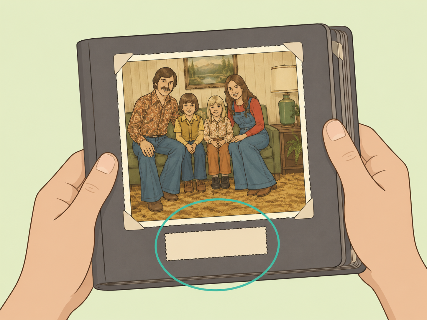 Hands checking a caption beneath an old photo.