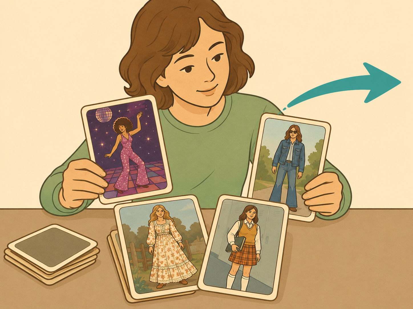 Person comparing different 1970s looks to avoid stereotypes.