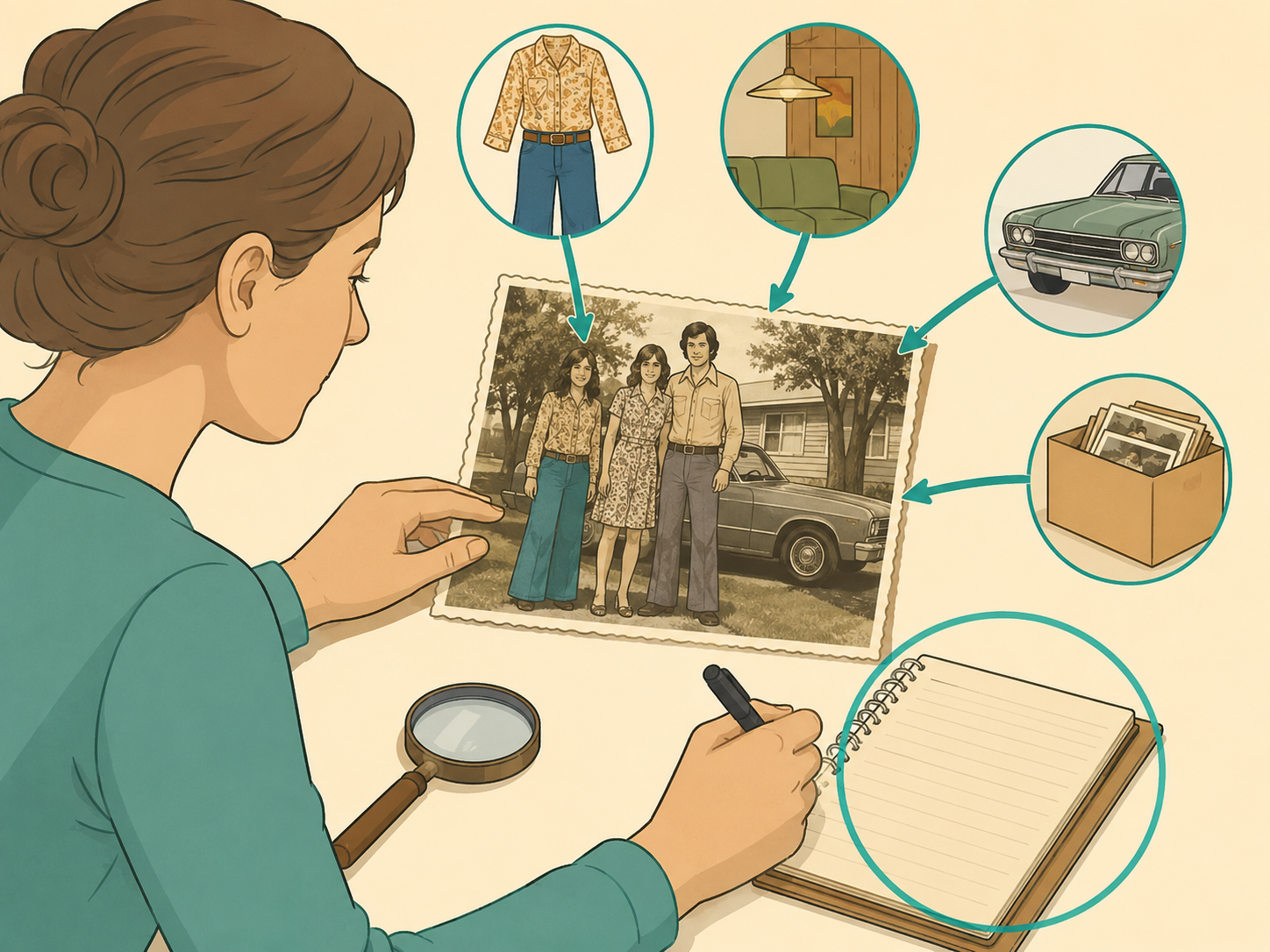 Person writing a careful observation about a vintage photo.