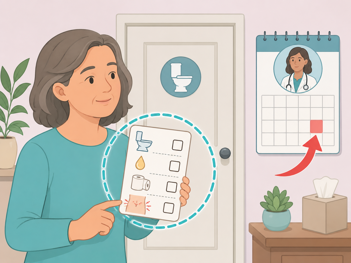 Illustration of a person checking bowel movement warning signs and planning to contact a doctor.