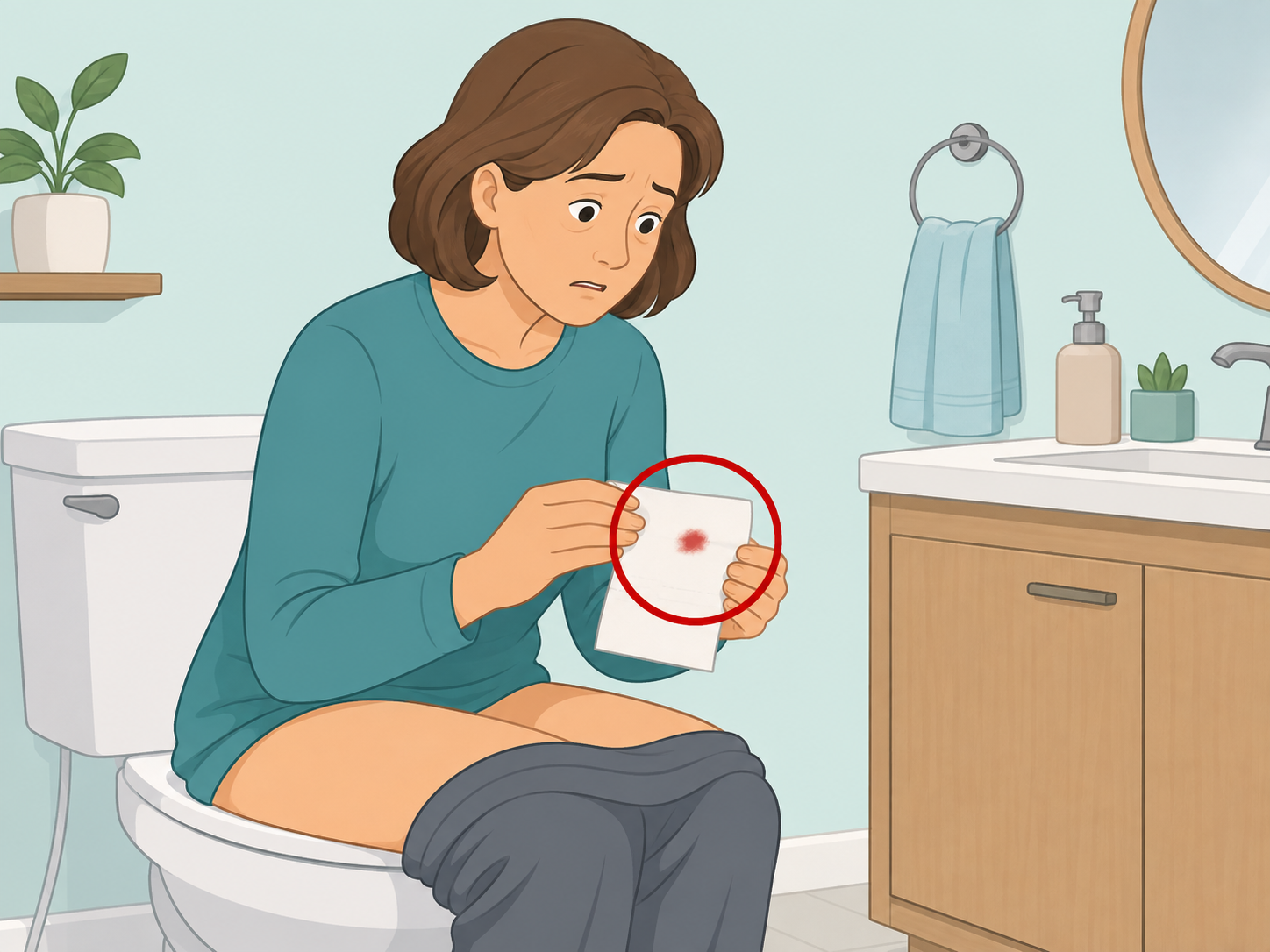 Person noticing red blood on toilet paper after a bowel movement.