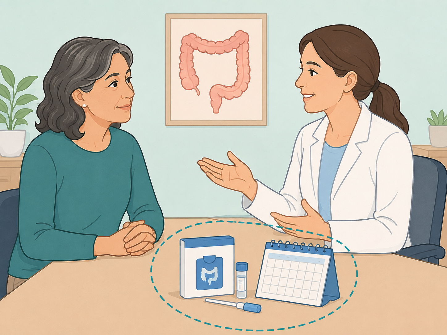 Patient asking a healthcare professional about colorectal cancer screening.