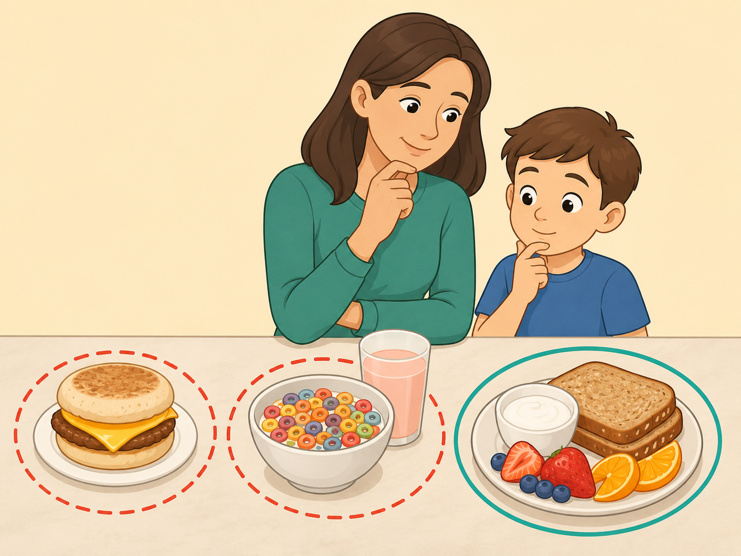 Parent and child comparing salty, sugary, and balanced breakfast options.