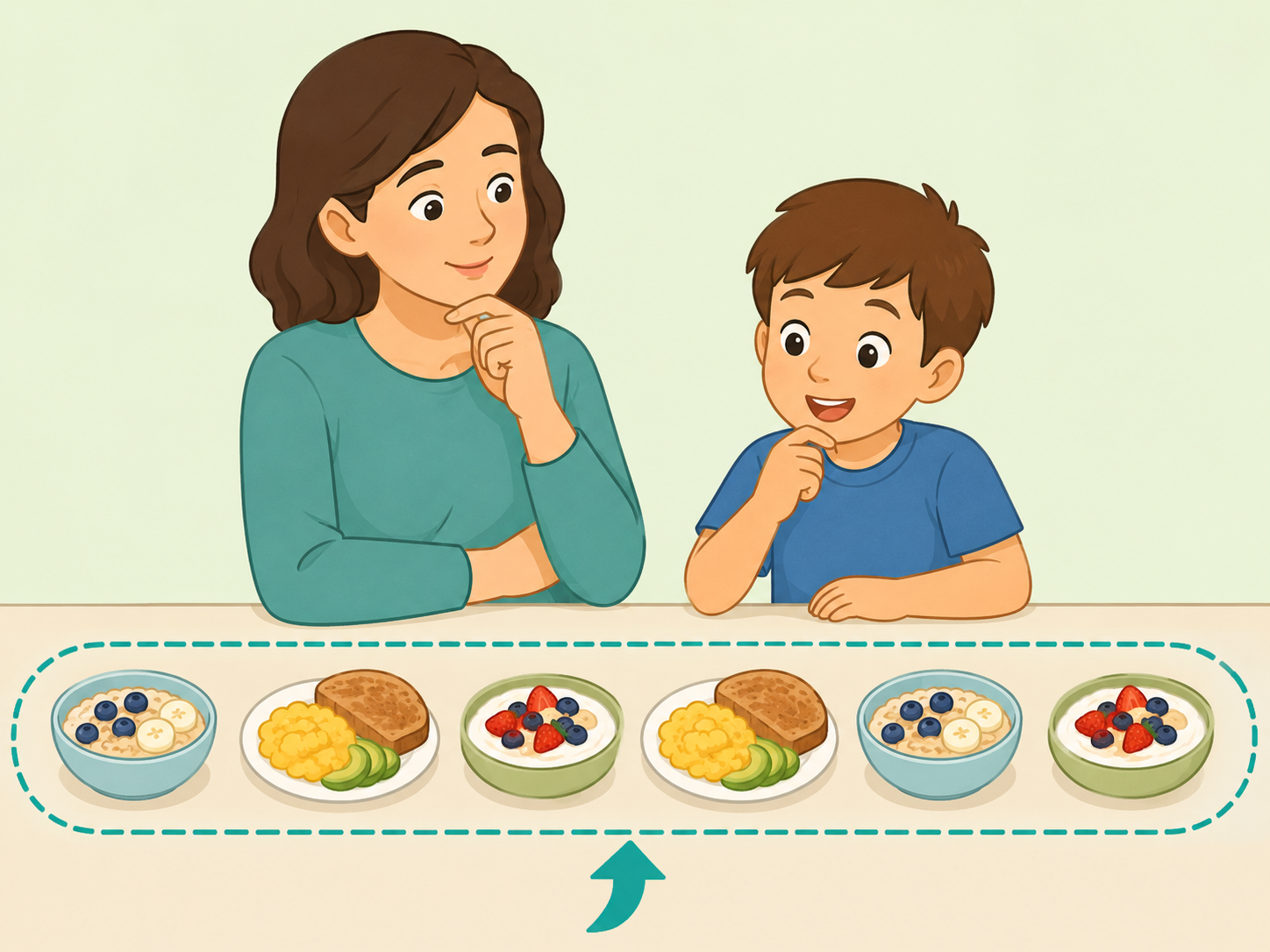 Parent and child looking at several breakfast plates as a weekly pattern.